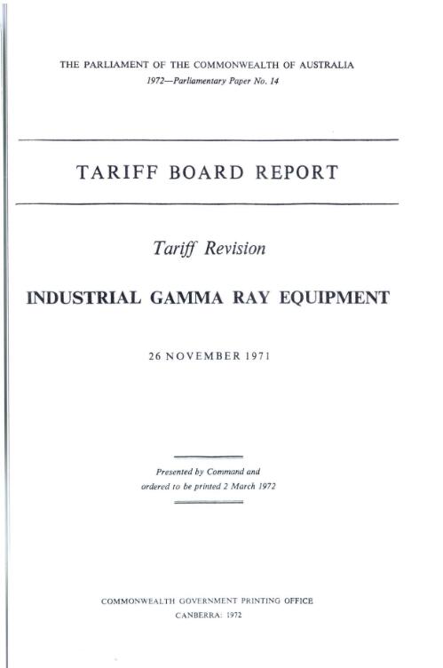 Tariff revision, industrial gamma ray equipment, 26 November 1971 / Tariff Board