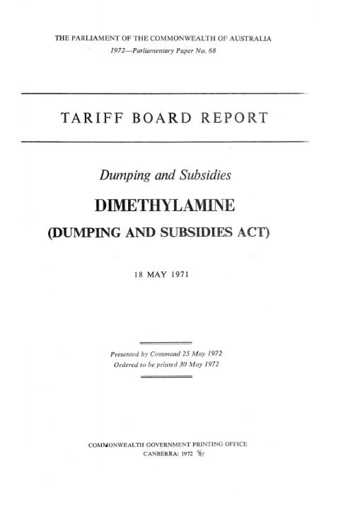 Dumping and subsidies, dimethylamine (Dumping and subsidies act) 18 May 1971 / Tariff Board