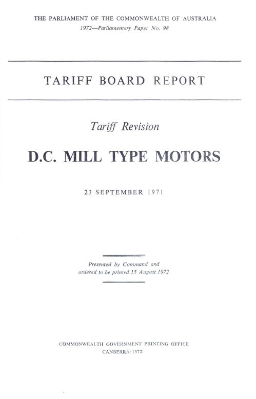 Tariff revision, D.C. mill type motors, 23 September 1971 / Tariff Board