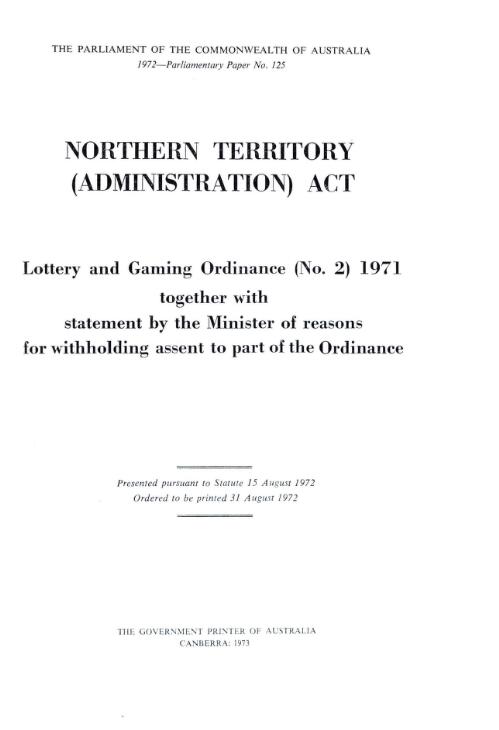 Lottery and gaming ordinance (no. 2) 1971 together with statement by the Minister of reasons for withholding assent to part of the ordinance