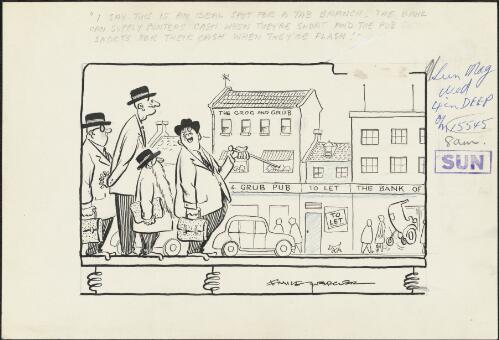 I say this is an ideal spot for a TAB branch. The bank can supply punters cash when they're short and the pub snorts for their cash when they're flash!, approximately 1958 / Emile Mercier