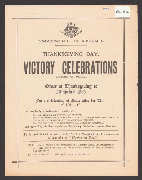 Commonwealth of Australia : Thanksgiving Day : victory celebrations (signing of Peace). Order of thanksgiving to Almighty God for the Blessing of Peace after the War of 1914-18