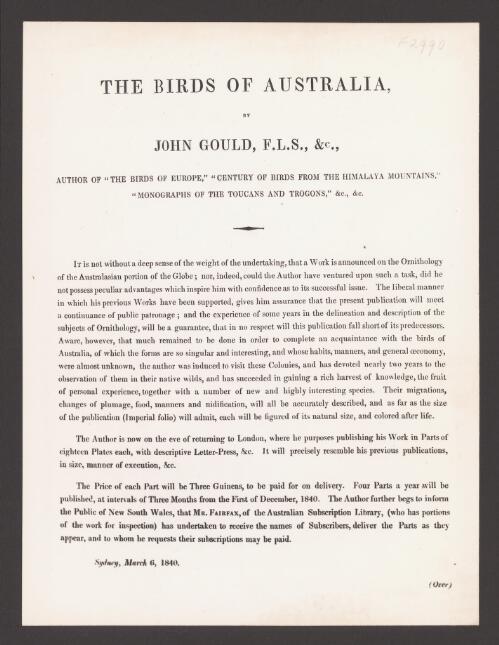[Prospectus for "The birds of Australia" by John Gould, with a list of subscribers names, and a prospectus for his "The birds of Europe"]