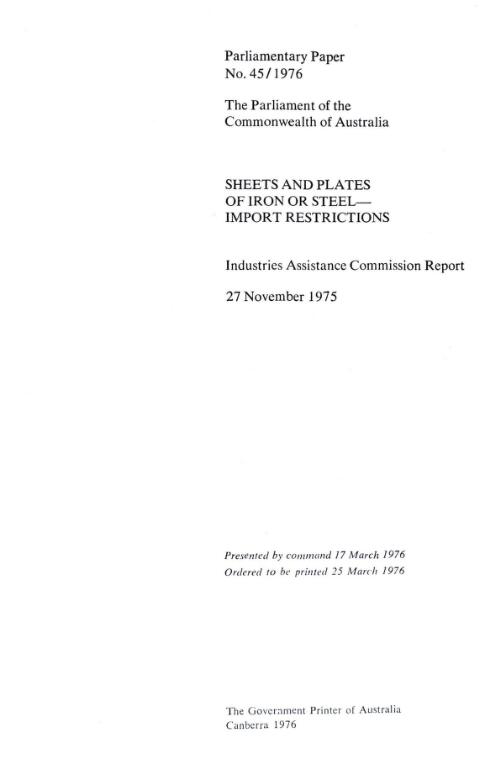 Sheets and plates of iron or steel, import restrictions, 27 November, 1975 / Industries Assistance Commission