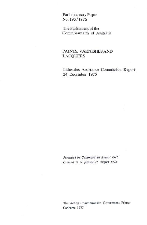 Paints, varnishes and lacquers, 24 December 1975 / Industries Assistance Commission report