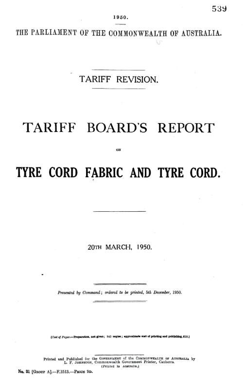 Tariff Board's report on tyre cord fabric and tyre cord, 20th March, 1950