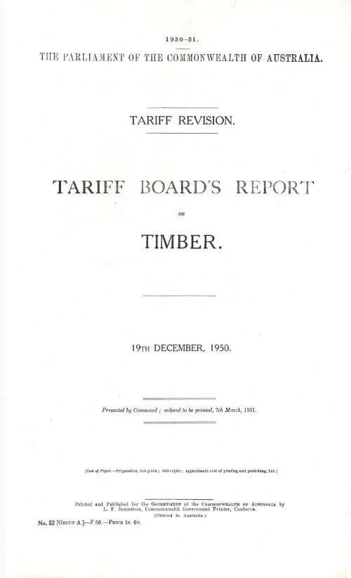 Tariff Board's report on timber, 19th December, 1950