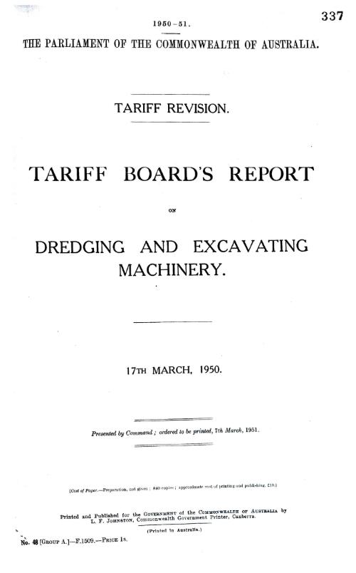 Tariff Board's report on dredging and excavating machinery, 17th March, 1950