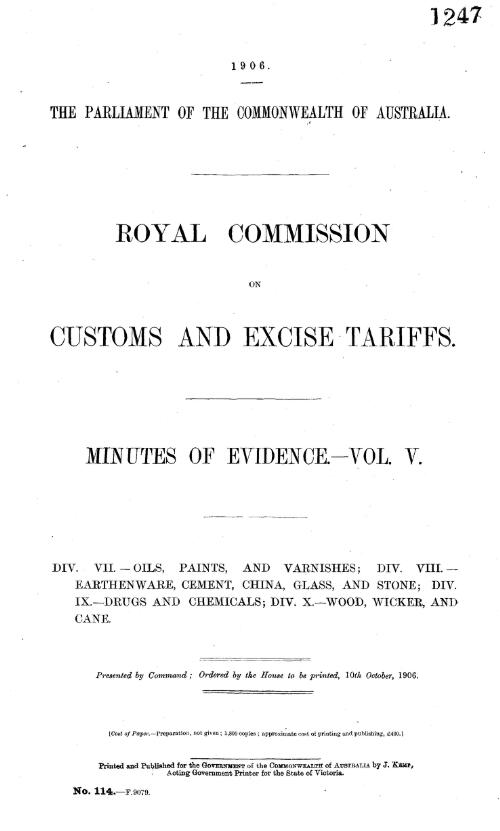 Minutes of evidence. Vol. V / Royal Commission on Customs and Excise Tariffs