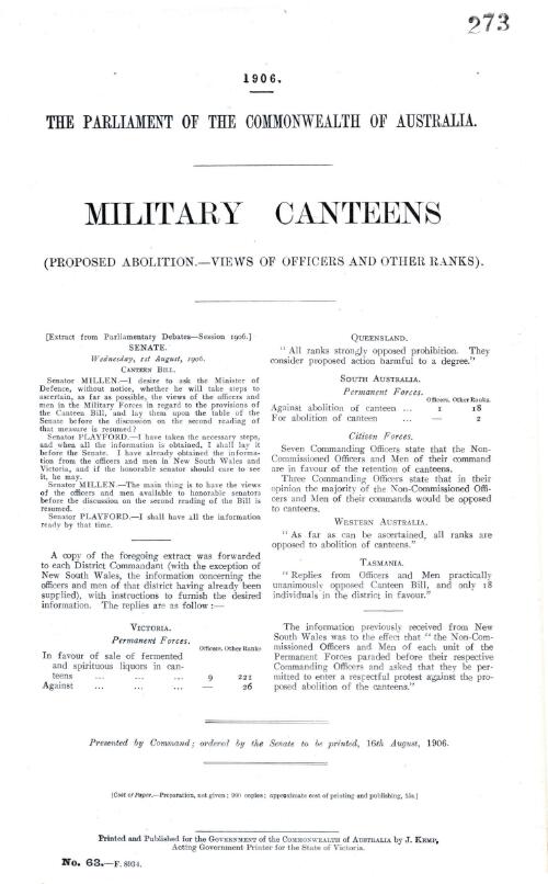 Military canteens : (Proposed abolition. --Views of officers and other ranks.)