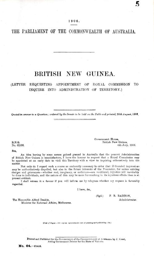 British New Guinea : (Letter requesting appointment of Royal Commission to inquire into administration of Territory.)