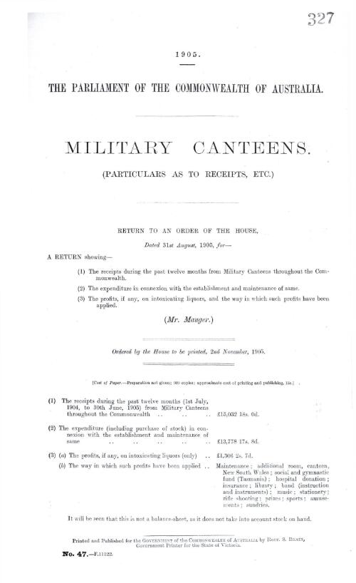 Military canteens. : (Particulars as to receipts, etc.)