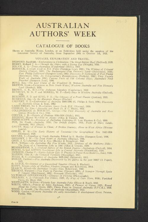 Catalogue of books : shown at Australia House, London, at an exhibition held under the auspices of the Literature Society of Australia, from September 29th to October 5th, 1931