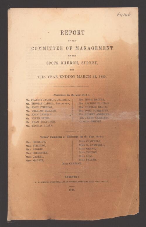 Report of the Committee of Management of the Scots Church, for the year ending 31st March, 1845