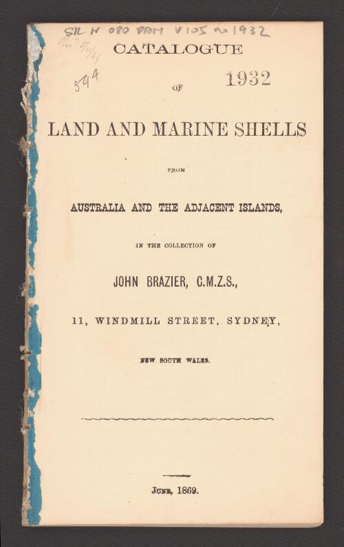 Catalogue of land and marine shells from Australia and the adjacent islands in the collection of John Brazier