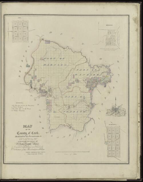 Map of the County of Cook [cartographic material] : dedicated by permission to Sir T.L. Mitchell, Knt., Surveyor General of New South Wales / compiled expressly for the printer and publisher of the Australian Atlas, W. Baker, Hibernian Press, 103 King Street, East Sydney