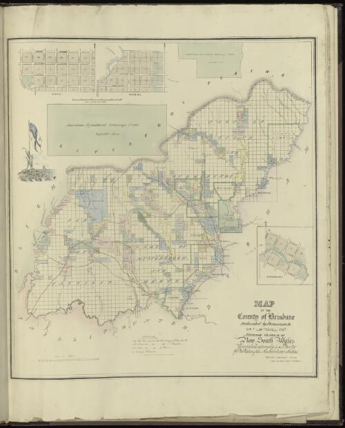 Map of the County of Brisbane [cartographic material] : dedicated by permission to Sir T.L. Mitchell, Knt., Surveyor General of New South Wales / compiled expressly for the printer and publisher of the Australian Atlas, W. Baker, Hibernian Printg. Office, King Street, East Sydney