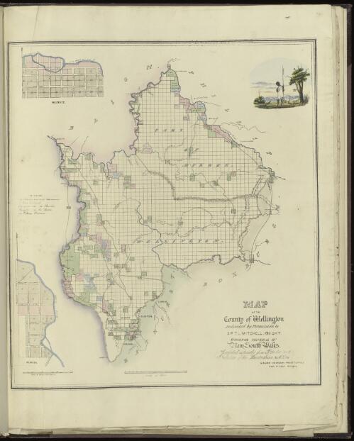 Map of the County of Wellington [cartographic material] : dedicated by permission to Sir T.L. Mitchell, Knt., Surveyor General of New South Wales / compiled expressly for the printer and publisher of the Australian Atlas, W. Baker, Hibernian Printg. Office, King Street, East Sydney