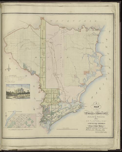 A map of the County of Gloucester [cartographic material] : dedicated by permission to Sir T.L. Mitchell, Knight, Surveyor General of New South Wales / compiled expressly for the printer and publisher of the Australian Atlas, W. Baker, Hibernian Press, King St., East Sydney