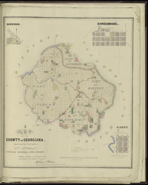 A map of the County of Georgiana [cartographic material] : dedicated by permission to Sir T.L. Mitchell, Kkt., Surveyor General of New South Wales / compiled expressly for the printer and publisher of the Australian Atlas, William Baker, Hibernian Press, 101 King St., & 263 Brickfield Hill