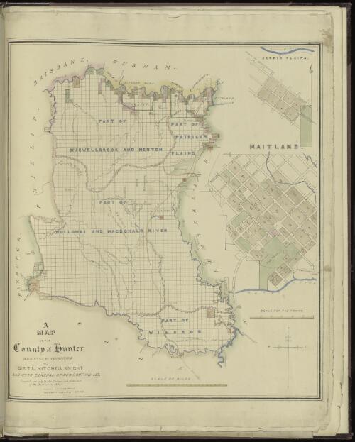 A map of the County of Hunter [cartographic material] : dedicated by permission to Sir T.L. Mitchell, Knight, Surveyor General of New South Wales / compiled expressly for the printer and publisher of the Australian Atlas, W. Baker, Hibernian Press, 103 King Street, East Sydney