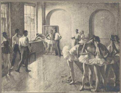 Reproduction of work by Daryl Lindsay depicting dancers of the Borovansky Ballet rehearsing for Pas classique at the Elizabeth Street studio, Melbourne, 1939 [picture] / Daryl Lindsay
