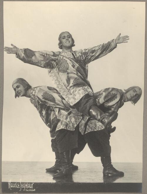 Yura Lazovsky with two other dancers as the Three Ivans in Aurora's wedding, Ballets Russes, ca. 1930s [picture] / Maurice Seymour