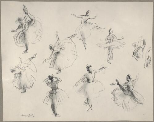 Reproduction of Rehearsal studies, sketch by Daryl Lindsay of ballerinas, Ballets Russes Australian tours, ca. 1939 [picture]