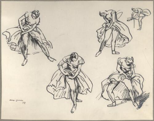 Reproduction of Last minute touches, sketch by Daryl Lindsay of ballerinas adjusting their costumes, Ballets Russes Australian tours, ca. 1938 [picture]
