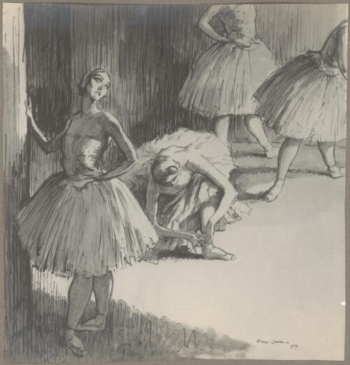 Reproduction of work by Daryl Lindsay depicting ballerinas of the Monte Carlo Russian Ballet backstage, Ballets Russes Australian tours, 1937 [picture]