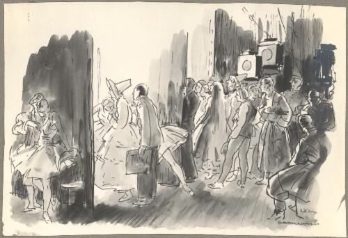 Reproduction of sketch by Daryl Lindsay of dancers in the wings, ca. 1939 [picture]