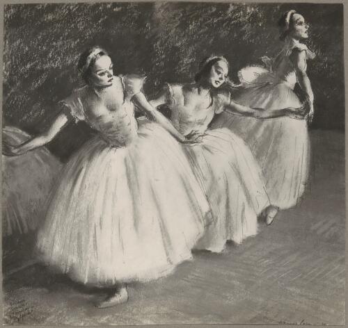 Reproduction of work by Daryl Lindsay depicting ballerinas in Les sylphides, Ballets Russes Australian tours, ca. 1938, 1 [picture]