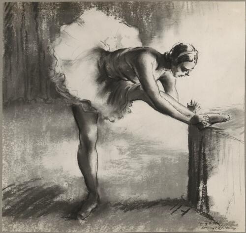 Reproduction of Tying the shoe, work by Daryl Lindsay depicting a ballerina backstage, ca. 1939 [picture]