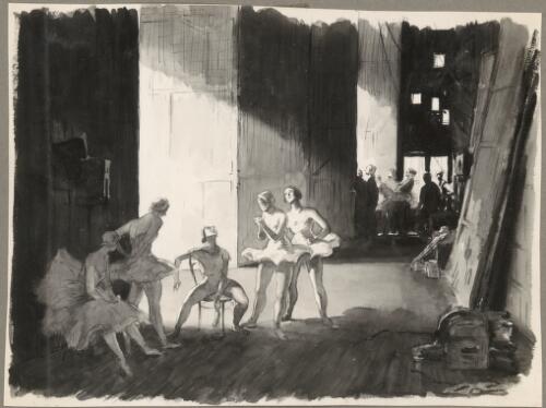 Reproduction of a work by Daryl Lindsay depicting artists backstage during a performance of Swan lake, Ballets Russes Australian tours, 1938 [picture]