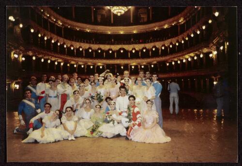 Fiona Tonkin, Colin Peasley and artists of The Australian Ballet on stage in costume for Graduation ball on the night of the final performance at the Odessa Opera House, [1988] [picture] / [Tamara Finch]