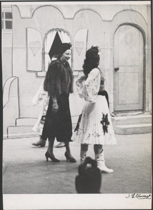 Tamara Tchinarova Finch, in costume for the mazurka, with Xenia Borovansky before a Borovansky Ballet production of Coppelia [ca. 1946] [picture]