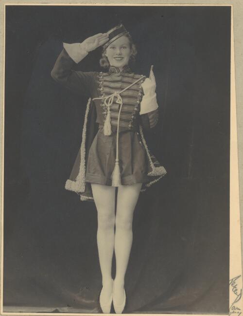 Portrait of Moya Beaver on pointe in marching girl costume, ca 1934 [picture]