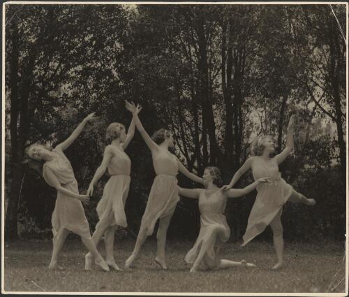 Outdoor photograph of Moya Beaver and four other pupils of Louise Lightfoot and Mischa Burlakov in a free dance pose, ca. 1937, [1] [picture]