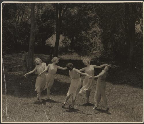 Outdoor photograph of Moya Beaver and four other pupils of Louise Lightfoot and Mischa Burlakov in a free dance pose, ca. 1937, [2] [picture]