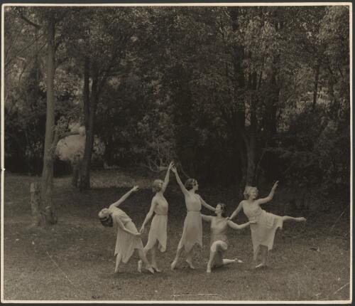 Outdoor photograph of Moya Beaver and four other pupils of Louise Lightfoot and Mischa Burlakov in a free dance pose , ca. 1937, [3] [picture]