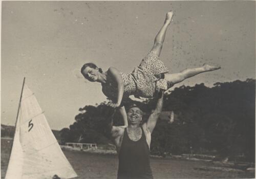 Moya Beaver and Mischa Burlakov dancing on a beach, ca. 1937 [picture]