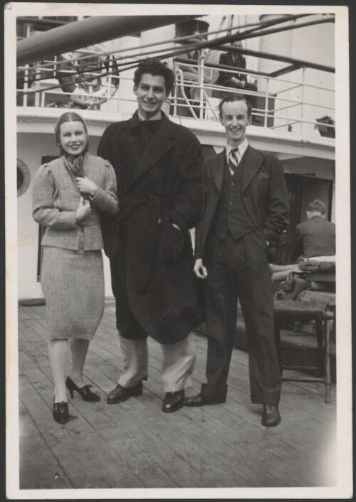 Moya Beaver, Gordon Hamilton and Chris? on deck en route for Denmark, 1939 [picture]