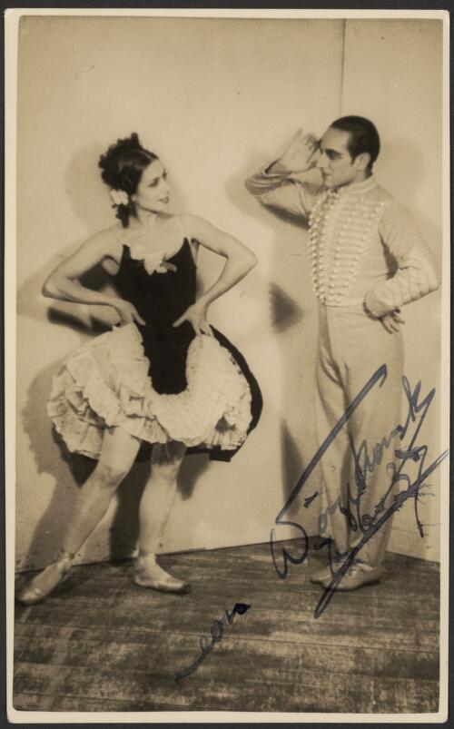 Posed photograph of Leon Woizikowski and Valentina Blinova in costume as the Street Dancer and the Hussar, Le beau Danube, Monte Carlo Russian Ballet,  1936 or 1937 [picture]