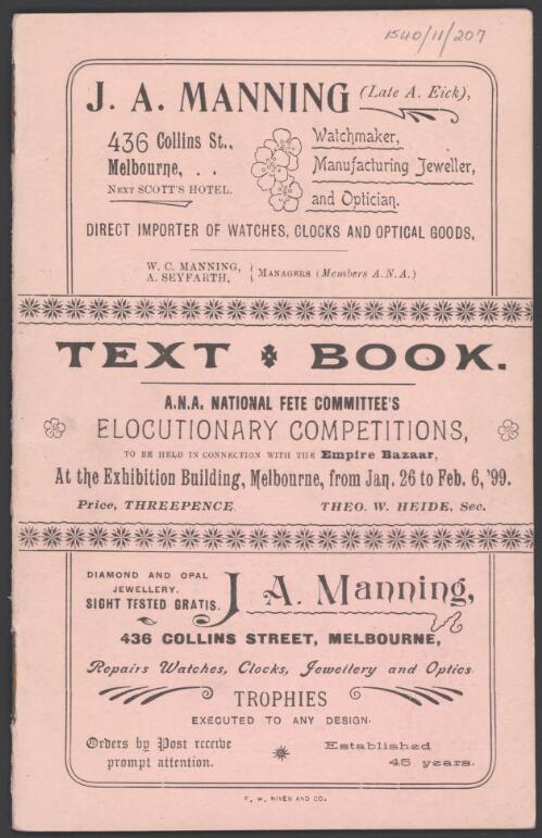 Tenth great national fete, bazaar, and elocutionary competition : to be held at the Exhibition Buildings, Melbourne, opening Thursday January 26th (National holiday) and continuing until Monday Feb. 6th, 1899