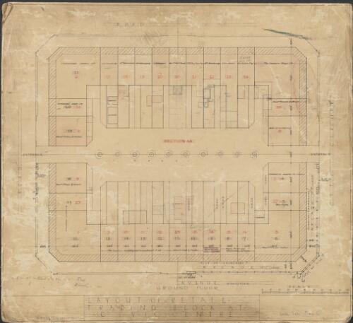 Layout of retail trading blocks at Civic Centre [Sydney Building] [technical drawing] : ground floor plan