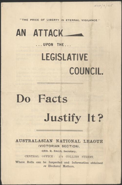 An attack upon the Legislative Council : do facts justify it? / Australasian National  League
