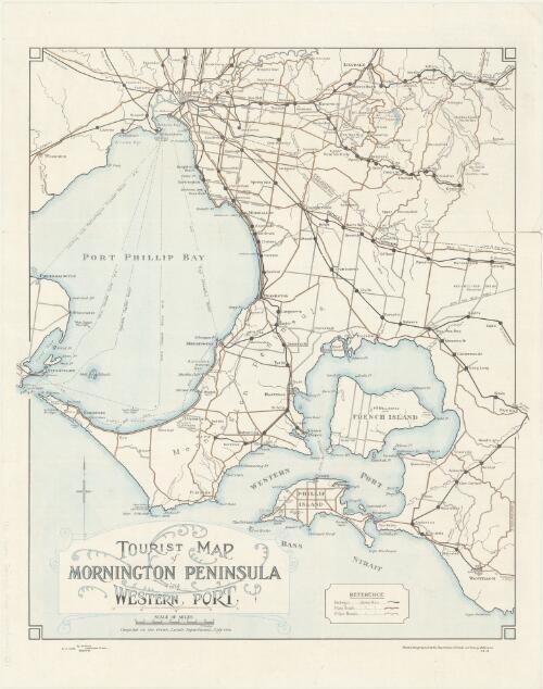 Tourist map of Mornington Peninsula and Western Port [cartographic material] / ; compiled at the Crown Lands Department July 1929 ; photo-lithographed at the Department of Lands and Survey, Melbourne, 2.8.29 ; C.T. Rapley