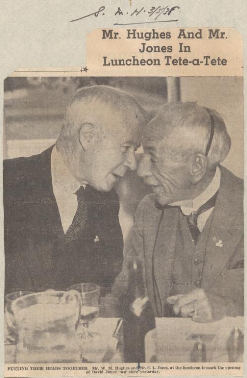 Billy Hughes and C. Lloyd Jones in luncheon tete-a-tete. [picture]