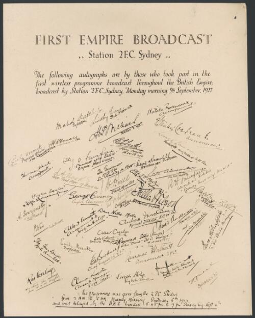 Autographs of those who took part in the First Empire broadcast, Station 2F.C., Sydney. [picture]