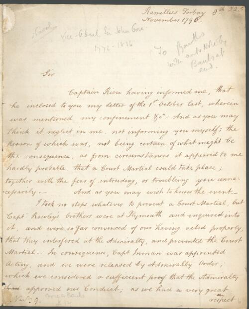 Letter of John Gore [manuscript] : Ramillies Torbay, to Sir Joseph Banks, Soho Square, London, 1798 Nov. 8